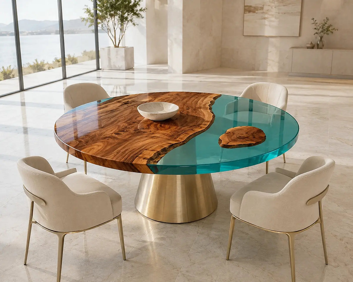ERTC21 Turquoise Isle Turquoise Epoxy Walnut Round Table featuring handcrafted walnut wood and turquoise resin-1