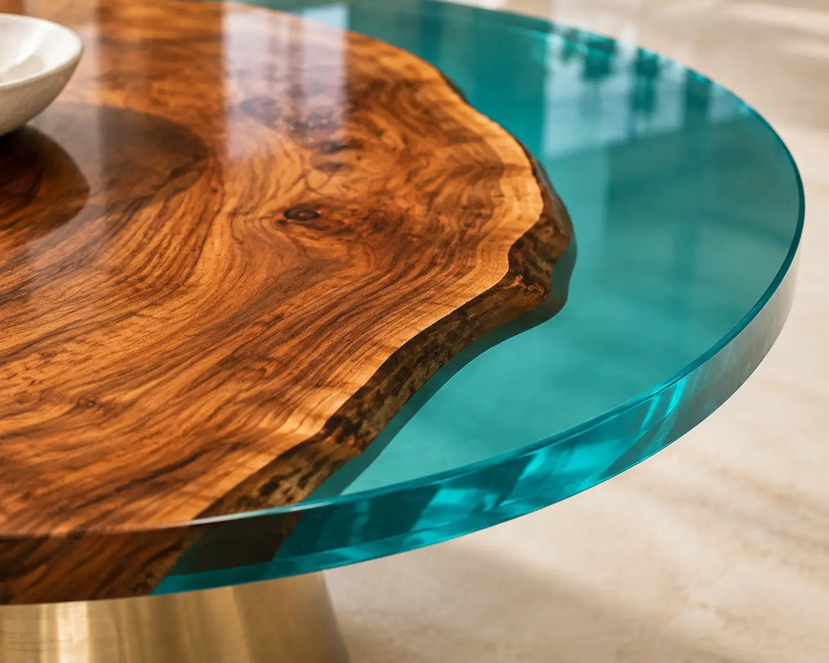 ERTC21 Turquoise Isle Turquoise Epoxy Walnut Round Table featuring handcrafted walnut wood and turquoise resin-3