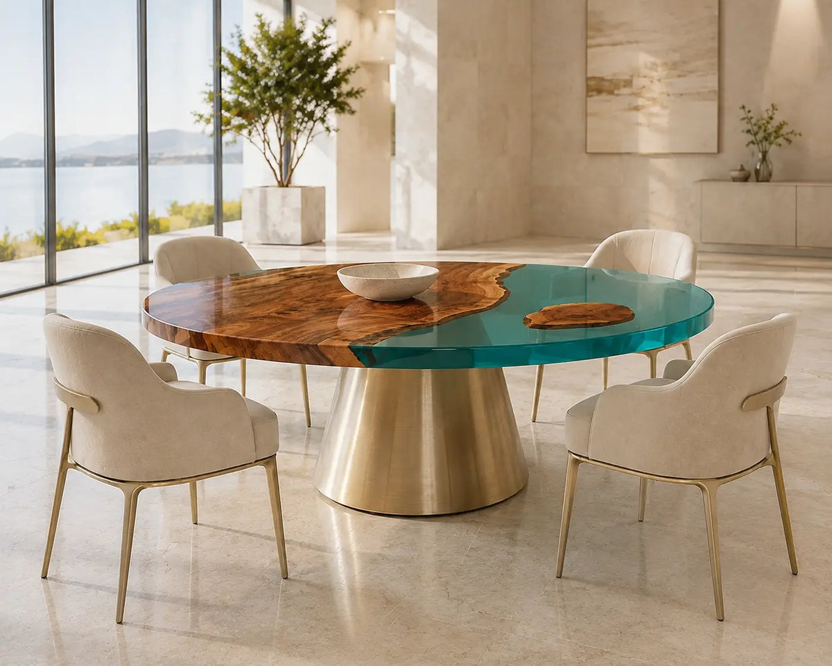 ERTC21 Turquoise Isle Turquoise Epoxy Walnut Round Table featuring handcrafted walnut wood and turquoise resin-5