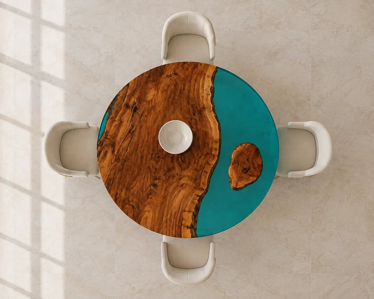 ERTC21 Turquoise Isle Turquoise Epoxy Walnut Round Table featuring handcrafted walnut wood and turquoise resin-4