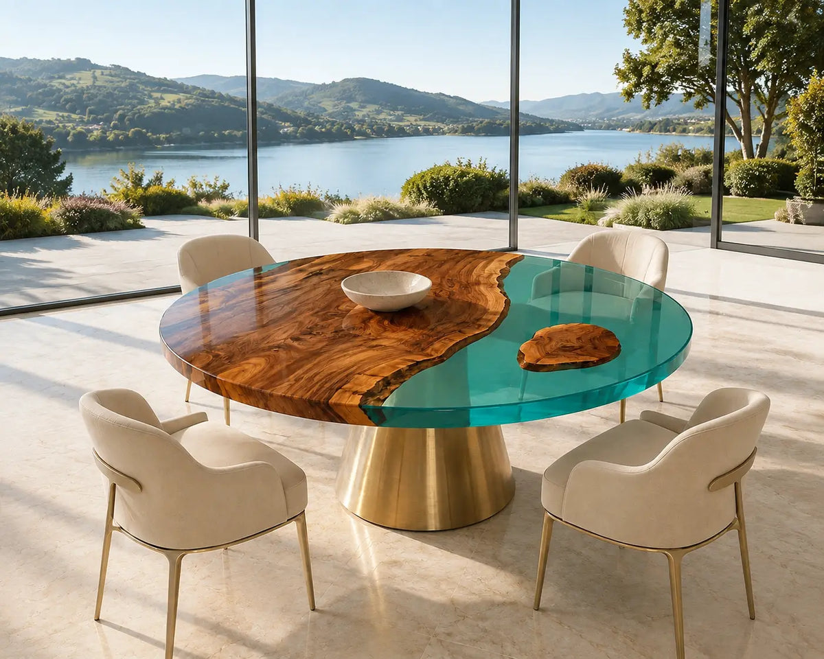 ERTC21 Turquoise Isle Turquoise Epoxy Walnut Round Table featuring handcrafted walnut wood and turquoise resin-6