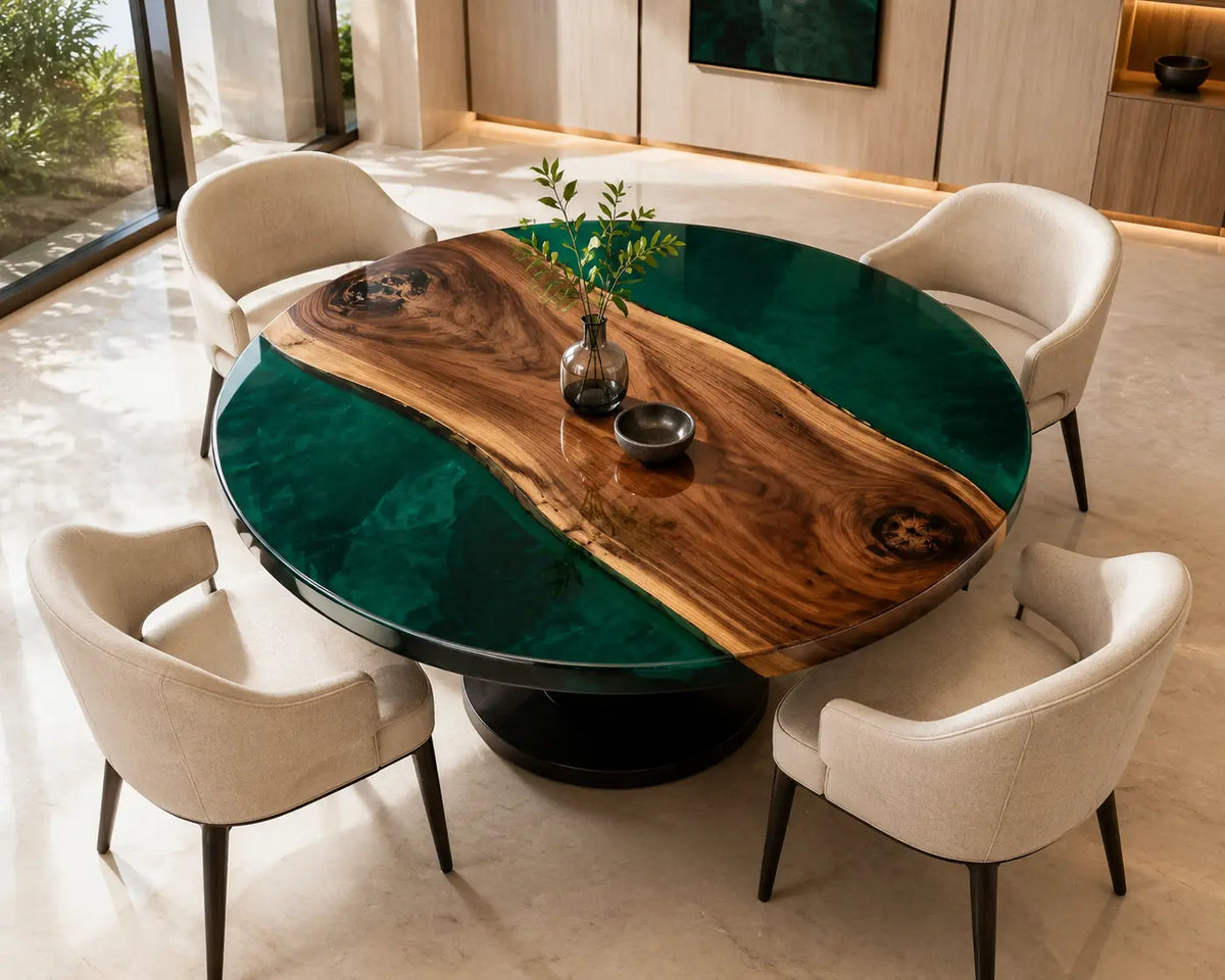 ERTC22 Forest Meridian Forest Green Epoxy Walnut Round Table featuring handcrafted walnut wood and forest green resin-1