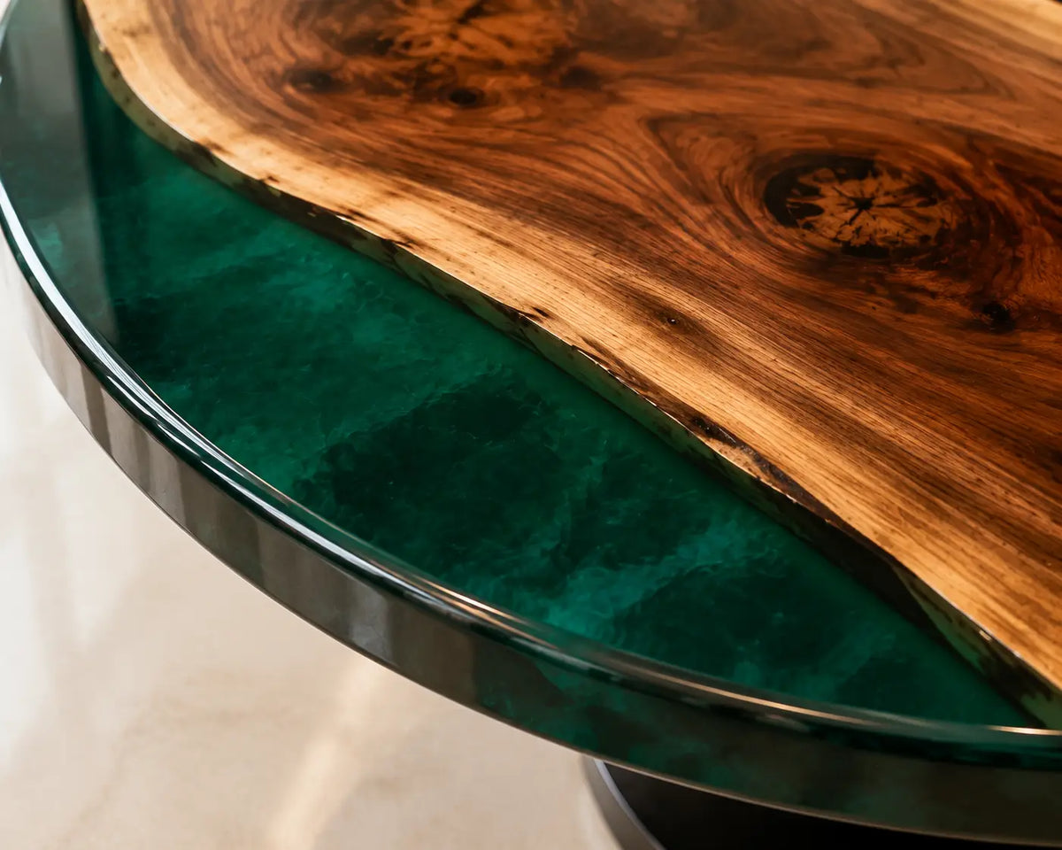 ERTC22 Forest Meridian Forest Green Epoxy Walnut Round Table featuring handcrafted walnut wood and forest green resin-2