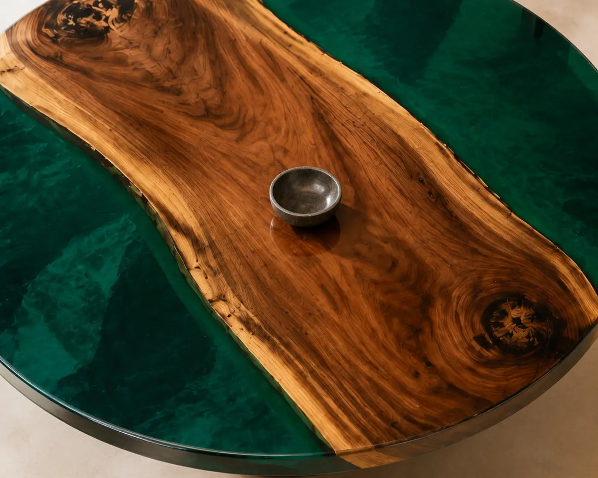 ERTC22 Forest Meridian Forest Green Epoxy Walnut Round Table featuring handcrafted walnut wood and forest green resin-3
