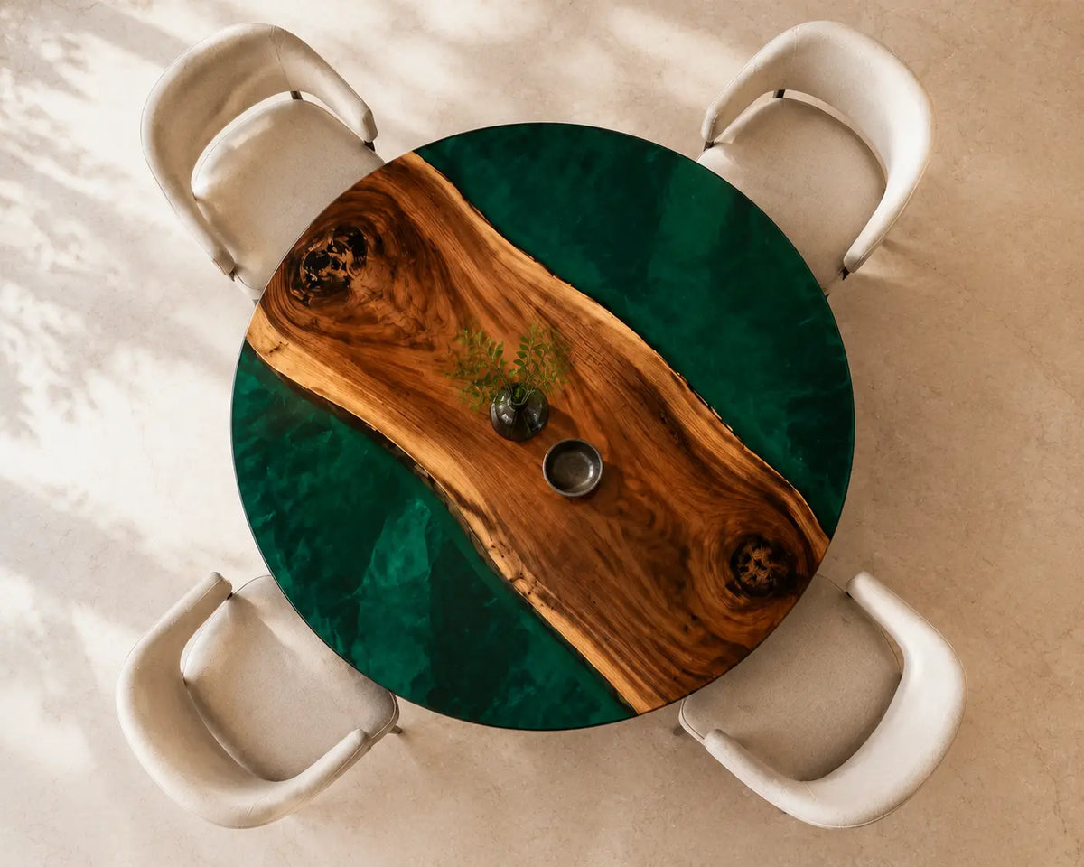 ERTC22 Forest Meridian Forest Green Epoxy Walnut Round Table featuring handcrafted walnut wood and forest green resin-4