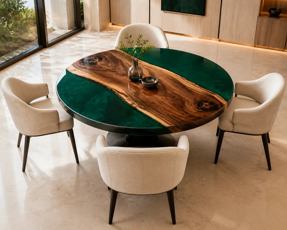 ERTC22 Forest Meridian Forest Green Epoxy Walnut Round Table featuring handcrafted walnut wood and forest green resin-5