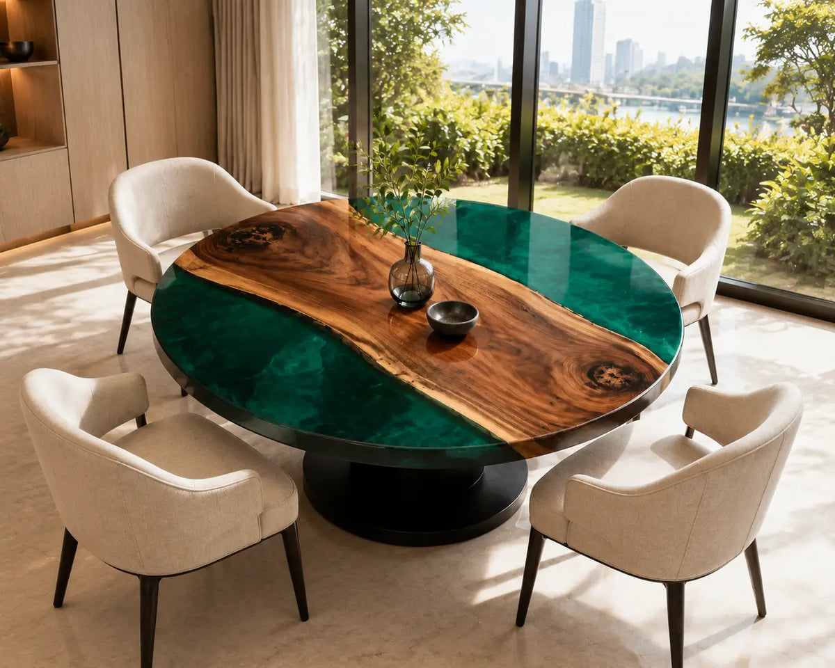 ERTC22 Forest Meridian Forest Green Epoxy Walnut Round Table featuring handcrafted walnut wood and forest green resin-6