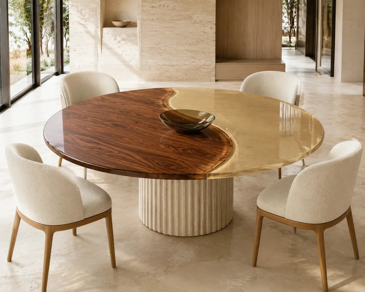 ERTC23 Golden Halfmoon Champagne Gold Epoxy Walnut Round Table featuring handcrafted walnut wood and champagne gold resin-1