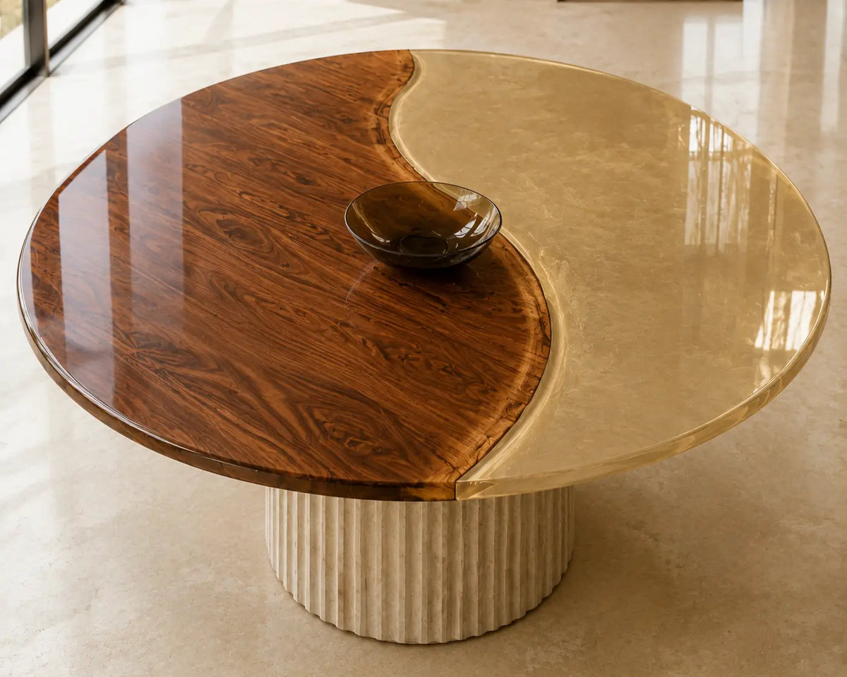 ERTC23 Golden Halfmoon Champagne Gold Epoxy Walnut Round Table featuring handcrafted walnut wood and champagne gold resin-3