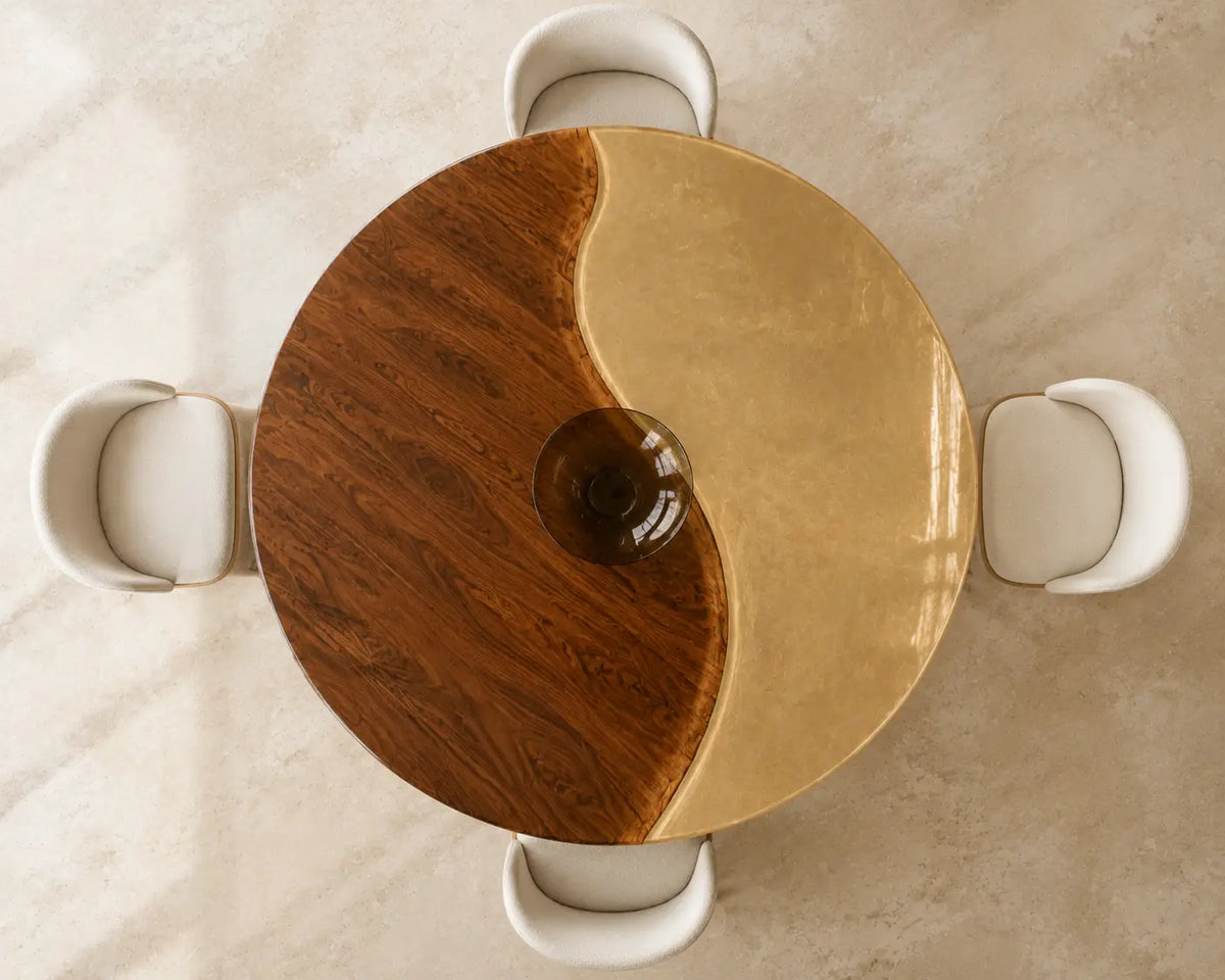 ERTC23 Golden Halfmoon Champagne Gold Epoxy Walnut Round Table featuring handcrafted walnut wood and champagne gold resin-4