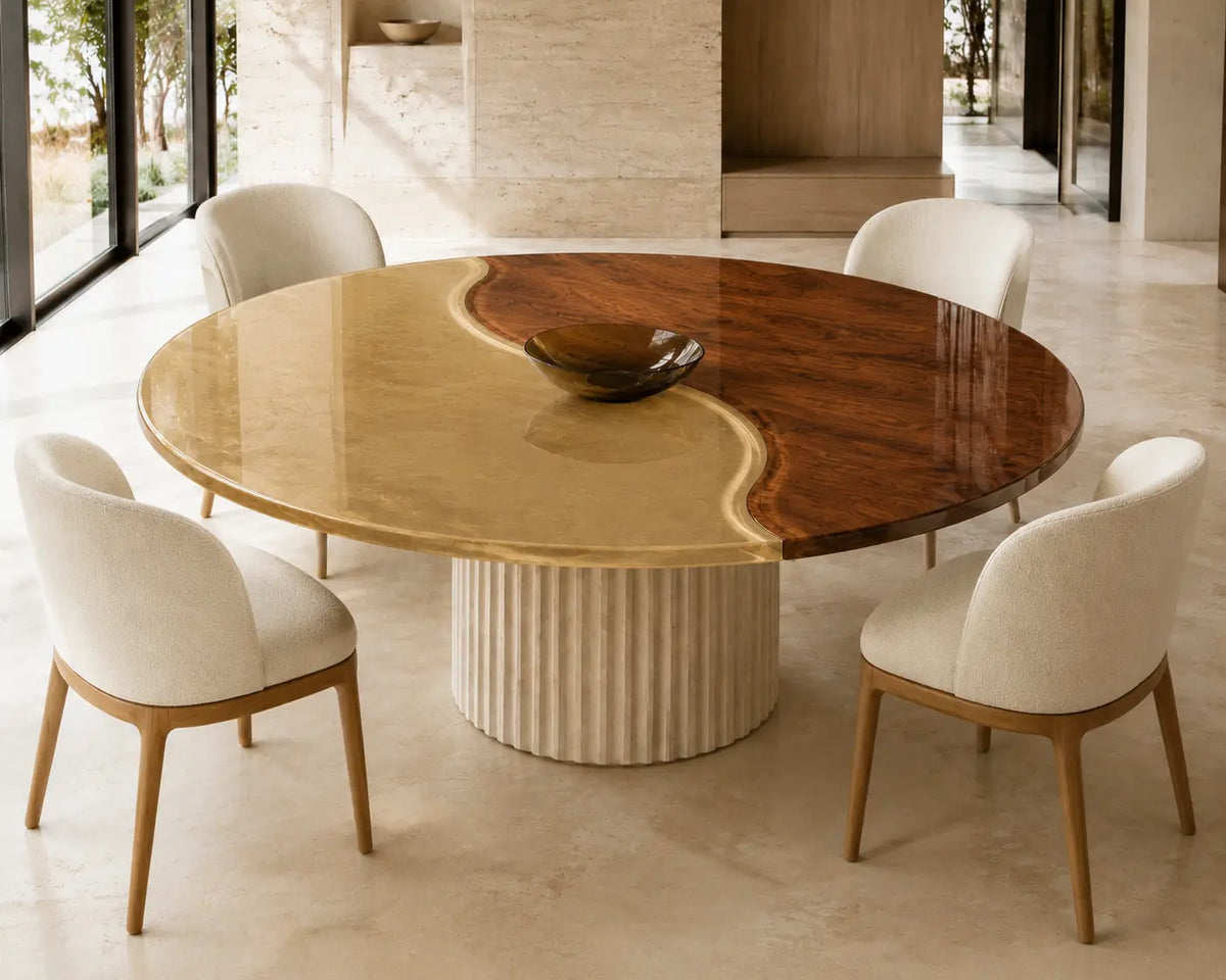 ERTC23 Golden Halfmoon Champagne Gold Epoxy Walnut Round Table featuring handcrafted walnut wood and champagne gold resin-5