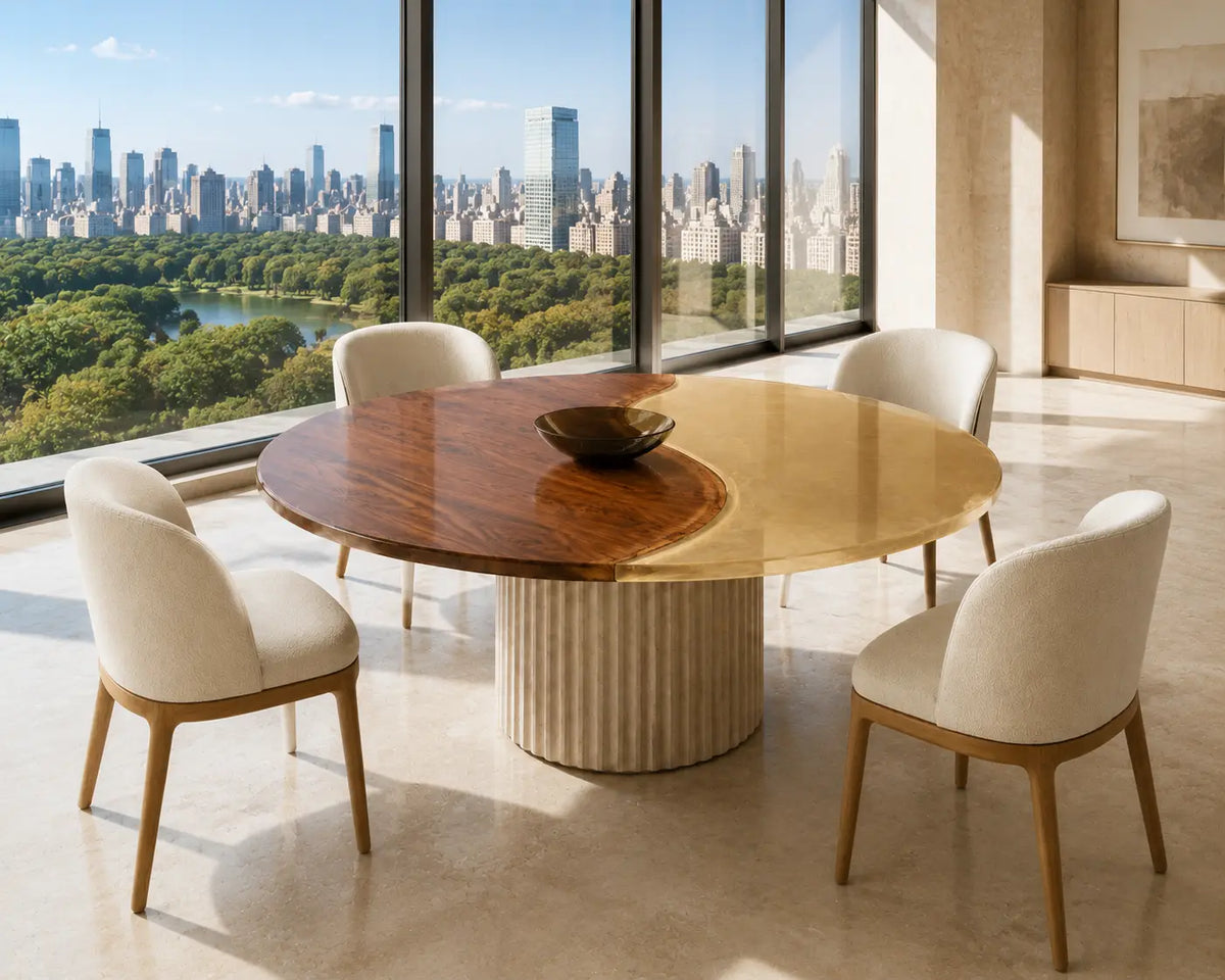 ERTC23 Golden Halfmoon Champagne Gold Epoxy Walnut Round Table featuring handcrafted walnut wood and champagne gold resin-6