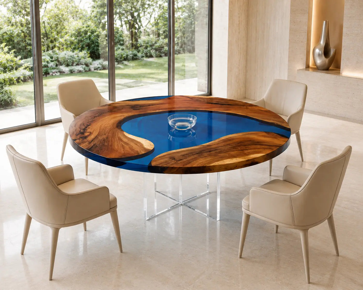 ERTC24 Royal Atoll Royal Blue Epoxy Walnut Round Table featuring handcrafted walnut wood and royal blue resin-1