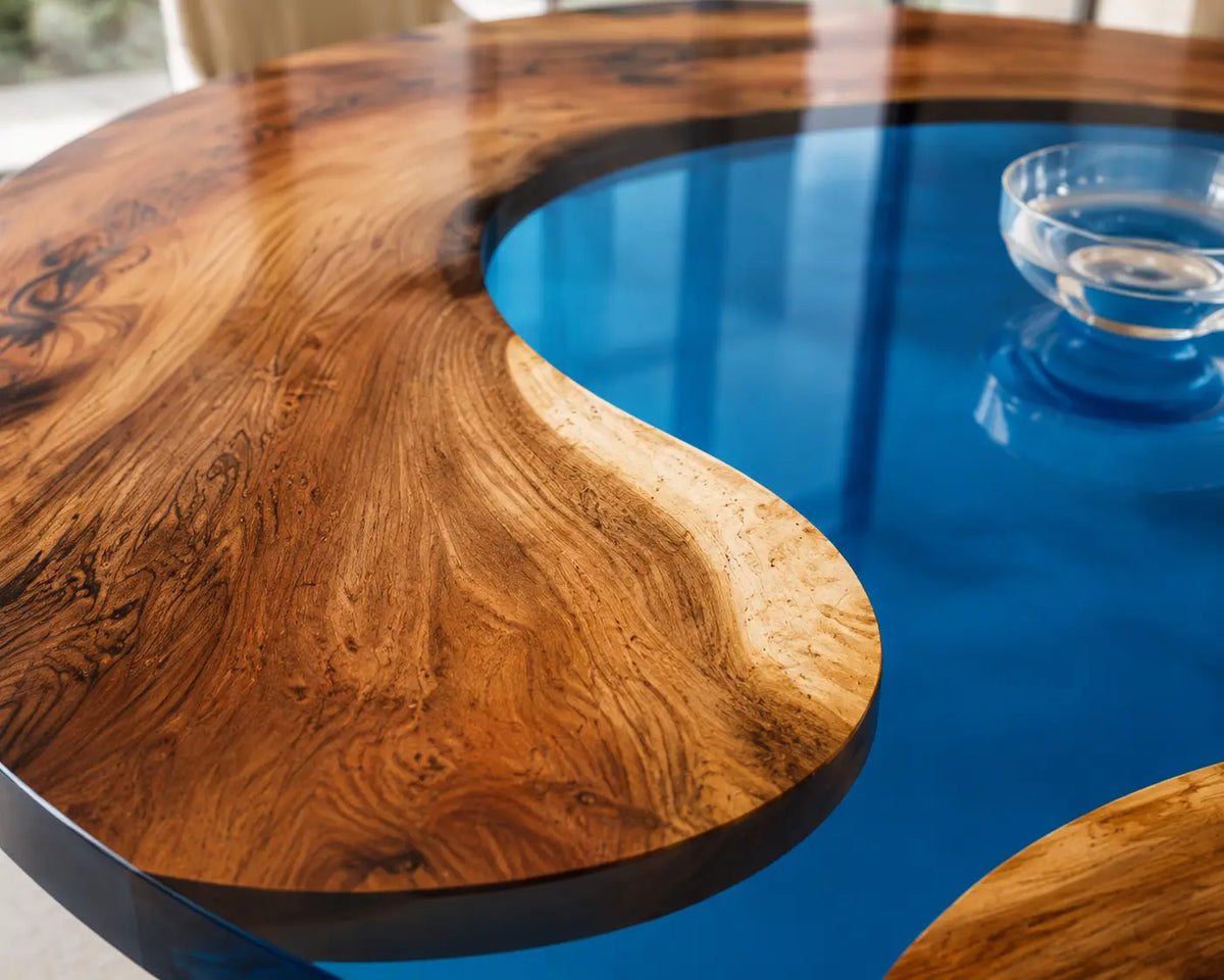 ERTC24 Royal Atoll Royal Blue Epoxy Walnut Round Table featuring handcrafted walnut wood and royal blue resin-1