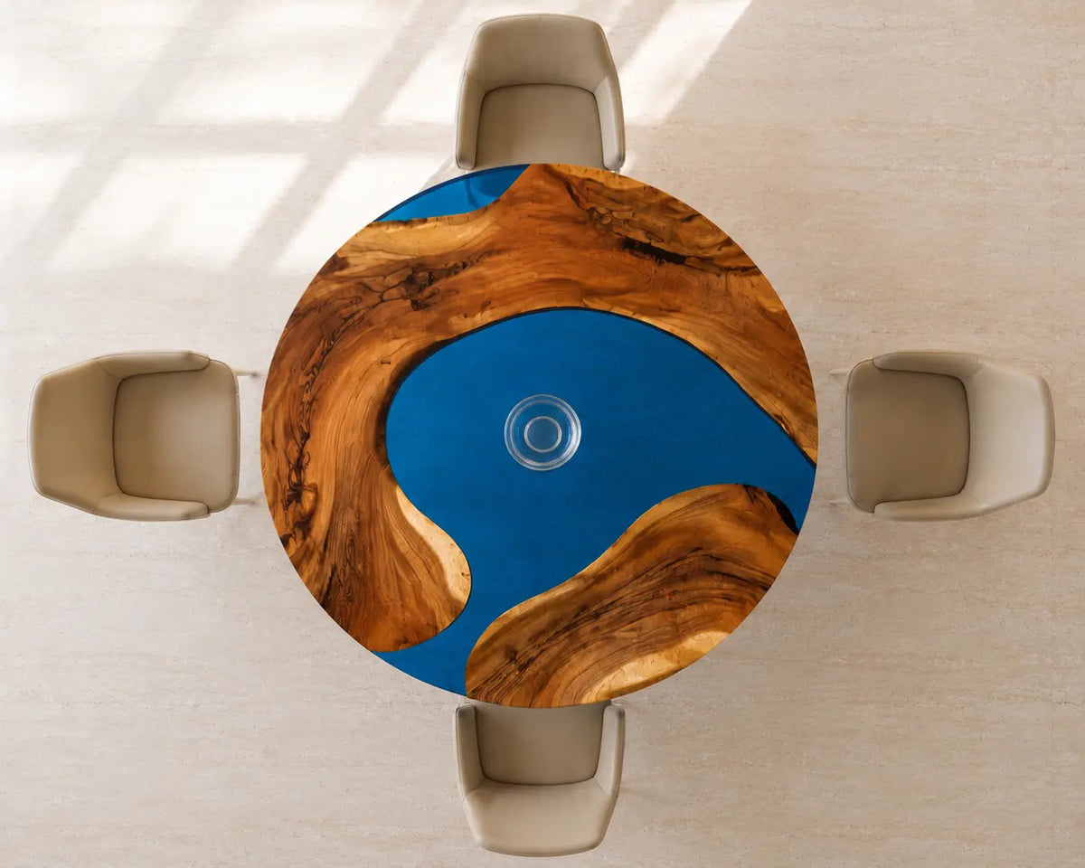 ERTC24 Royal Atoll Royal Blue Epoxy Walnut Round Table featuring handcrafted walnut wood and royal blue resin-4