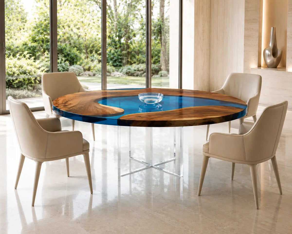 ERTC24 Royal Atoll Royal Blue Epoxy Walnut Round Table featuring handcrafted walnut wood and royal blue resin-5