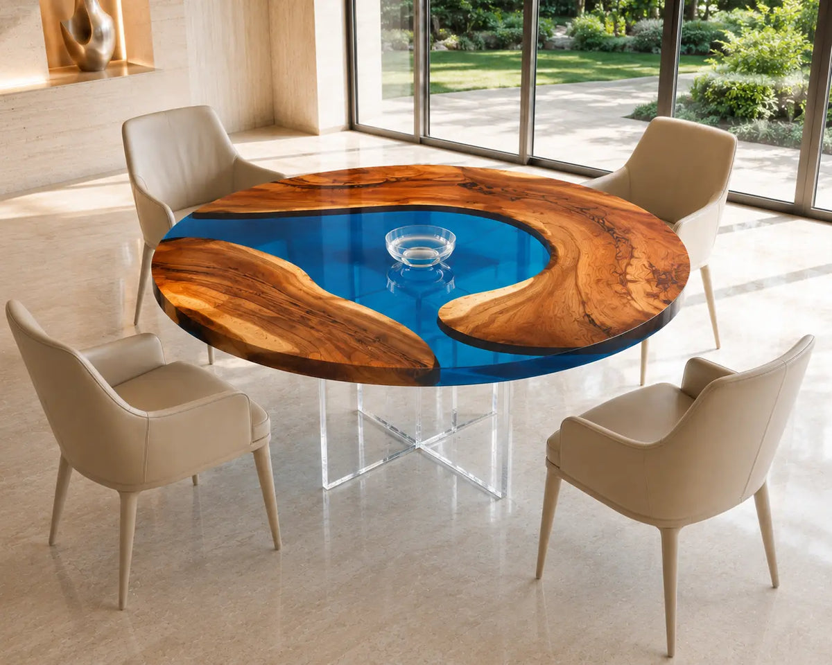 ERTC24 Royal Atoll Royal Blue Epoxy Walnut Round Table featuring handcrafted walnut wood and royal blue resin-6