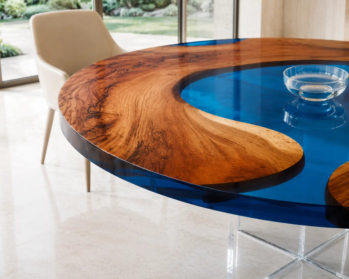 ERTC24 Royal Atoll Royal Blue Epoxy Walnut Round Table featuring handcrafted walnut wood and royal blue resin-3