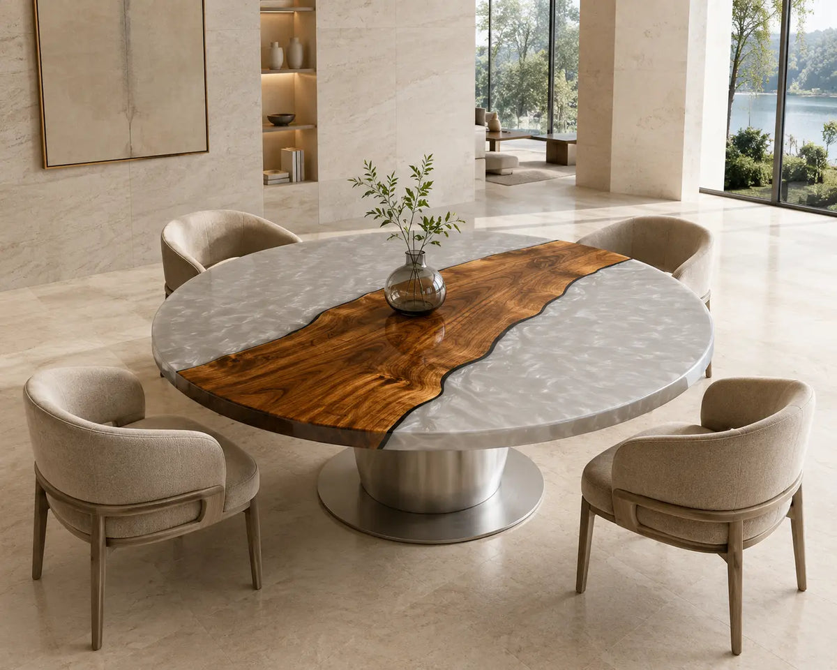 ERTC25 Pearl Divide Pearl White Epoxy Walnut Round Table featuring handcrafted walnut wood and pearl white resin-1