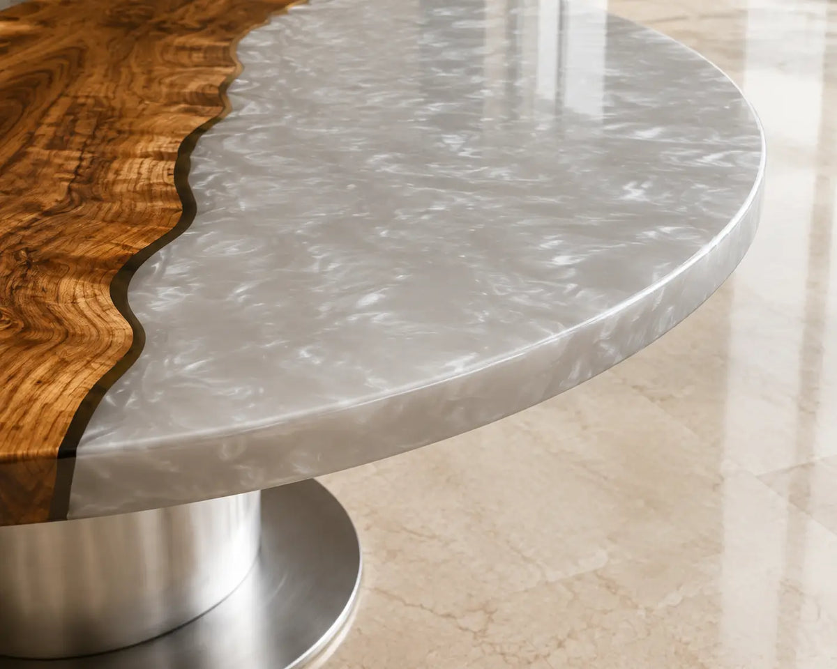 ERTC25 Pearl Divide Pearl White Epoxy Walnut Round Table featuring handcrafted walnut wood and pearl white resin-2