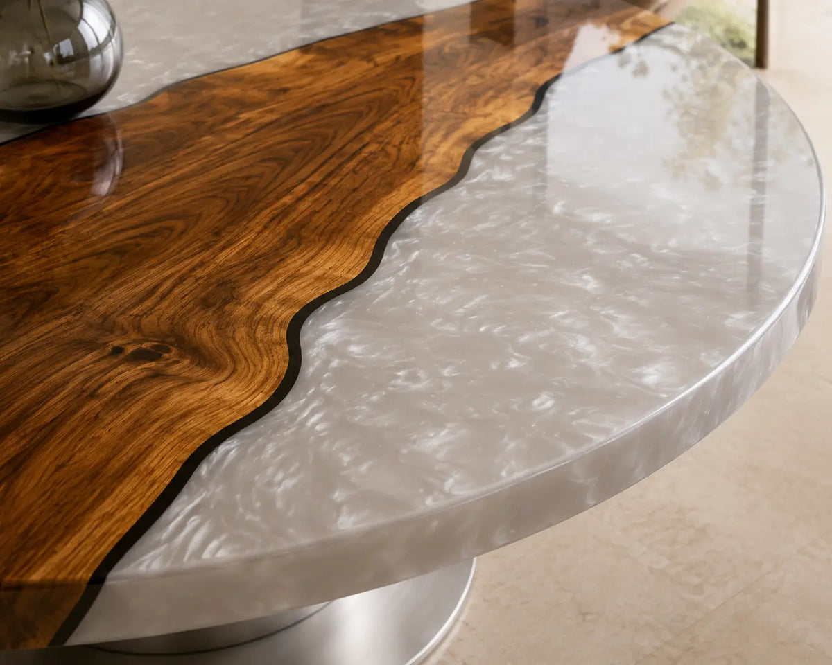 ERTC25 Pearl Divide Pearl White Epoxy Walnut Round Table featuring handcrafted walnut wood and pearl white resin-3