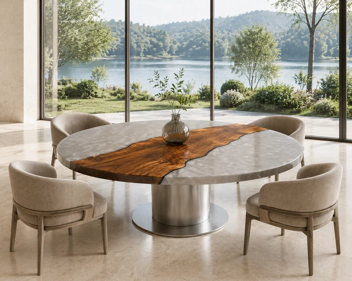 ERTC25 Pearl Divide Pearl White Epoxy Walnut Round Table featuring handcrafted walnut wood and pearl white resin-5