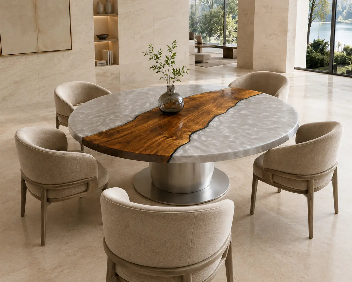 ERTC25 Pearl Divide Pearl White Epoxy Walnut Round Table featuring handcrafted walnut wood and pearl white resin-6