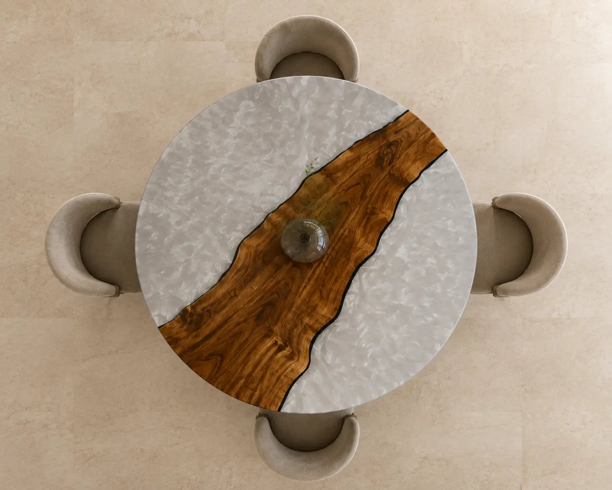 ERTC25 Pearl Divide Pearl White Epoxy Walnut Round Table featuring handcrafted walnut wood and pearl white resin-4
