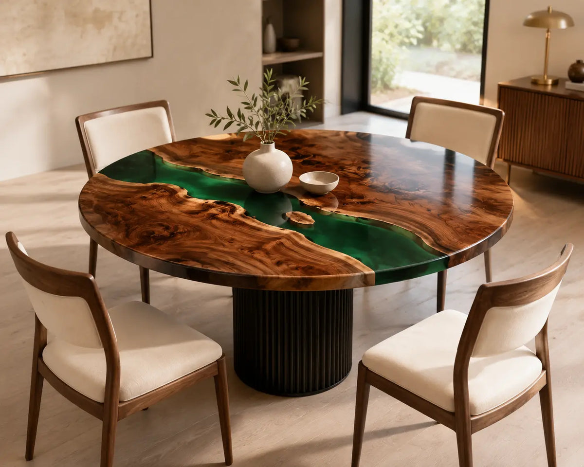 ERTC26 Emerald Channel Emerald Green Epoxy Walnut Round Table featuring handcrafted walnut wood and emerald green resin-1