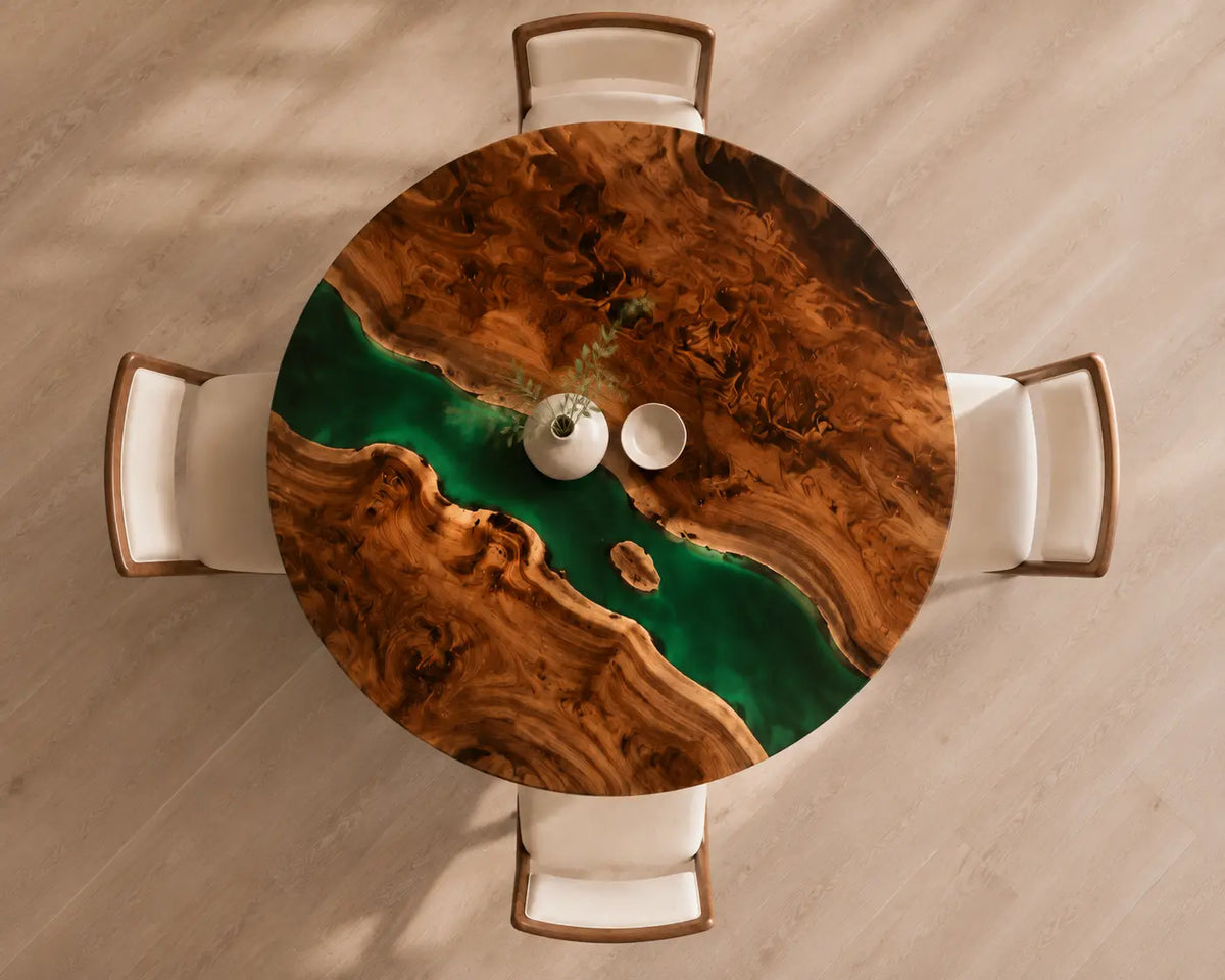 ERTC26 Emerald Channel Emerald Green Epoxy Walnut Round Table featuring handcrafted walnut wood and emerald green resin-5