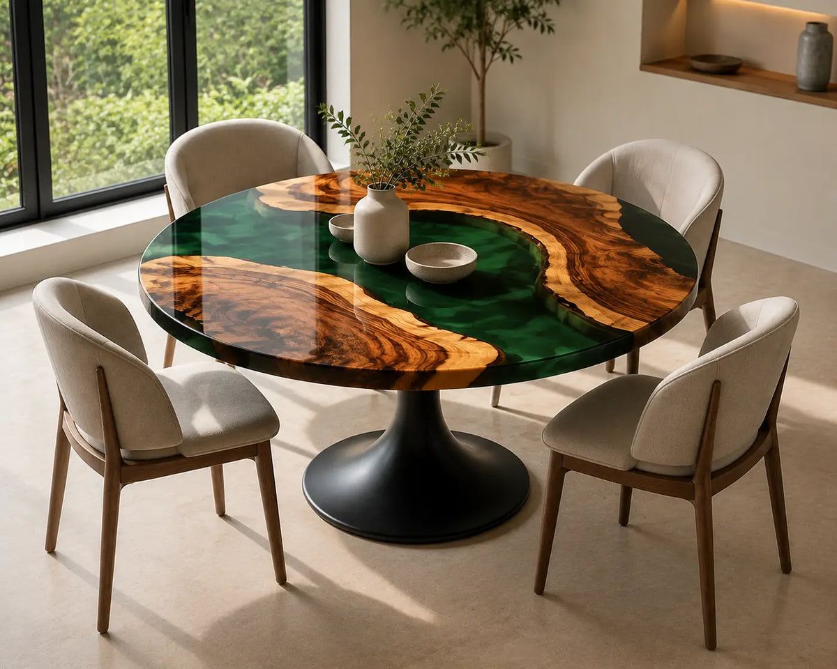 ERTC27 Verdant Orbit Forest Green Epoxy Walnut Round Table featuring handcrafted walnut wood and forest green resin-1