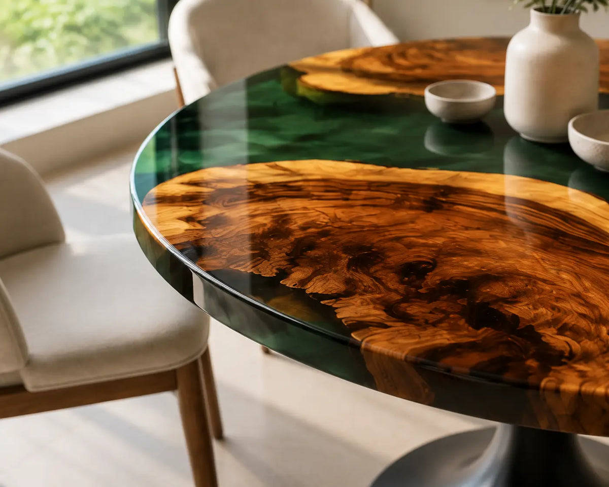 ERTC27 Verdant Orbit Forest Green Epoxy Walnut Round Table featuring handcrafted walnut wood and forest green resin-2