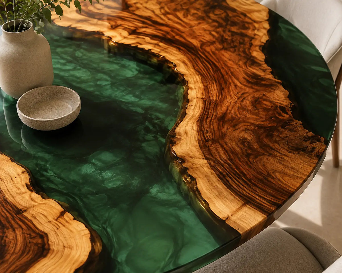 ERTC27 Verdant Orbit Forest Green Epoxy Walnut Round Table featuring handcrafted walnut wood and forest green resin-3
