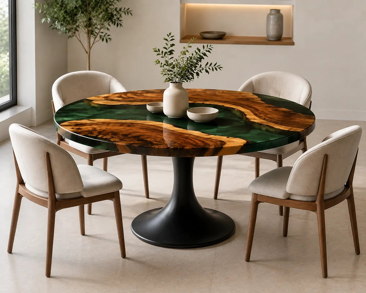 ERTC27 Verdant Orbit Forest Green Epoxy Walnut Round Table featuring handcrafted walnut wood and forest green resin-4