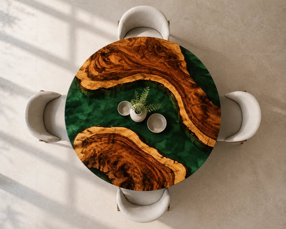 ERTC27 Verdant Orbit Forest Green Epoxy Walnut Round Table featuring handcrafted walnut wood and forest green resin-5