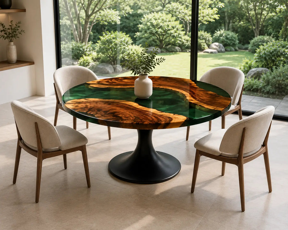 ERTC27 Verdant Orbit Forest Green Epoxy Walnut Round Table featuring handcrafted walnut wood and forest green resin-6