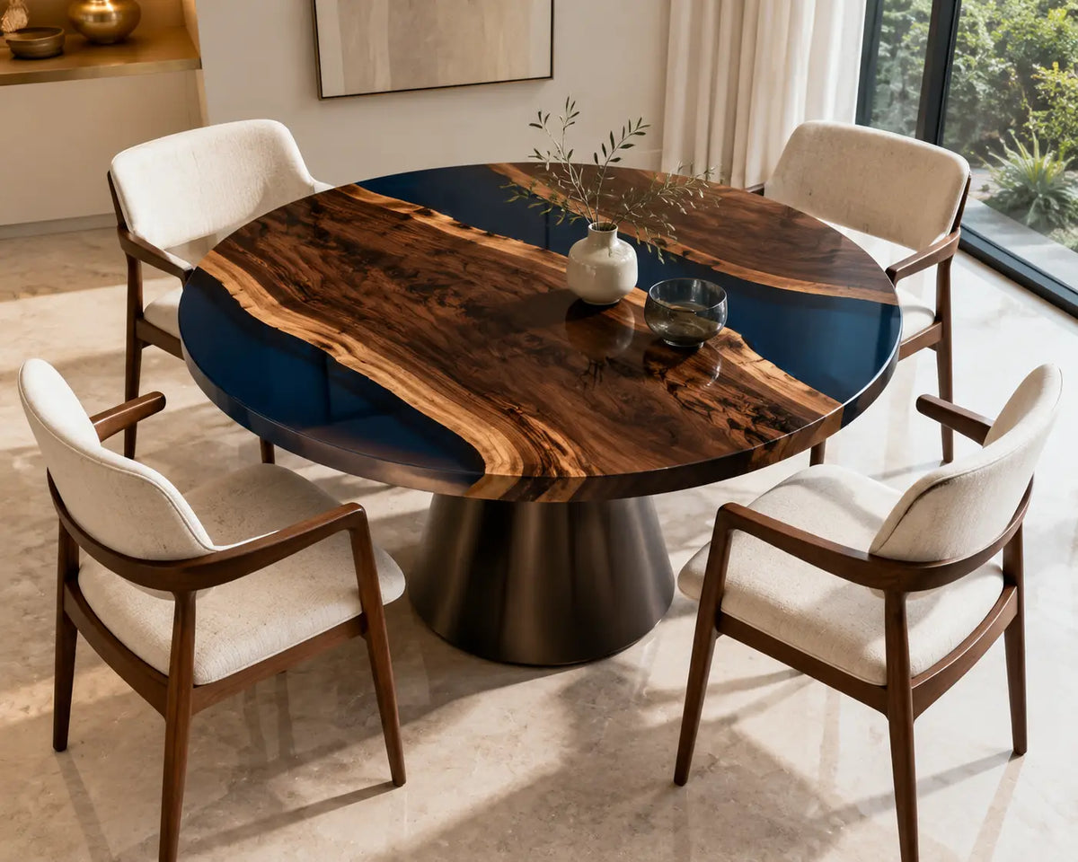 ERTC28 Sapphire Crescent Sapphire Blue Epoxy Walnut Round Table featuring handcrafted walnut wood and sapphire blue resin-1