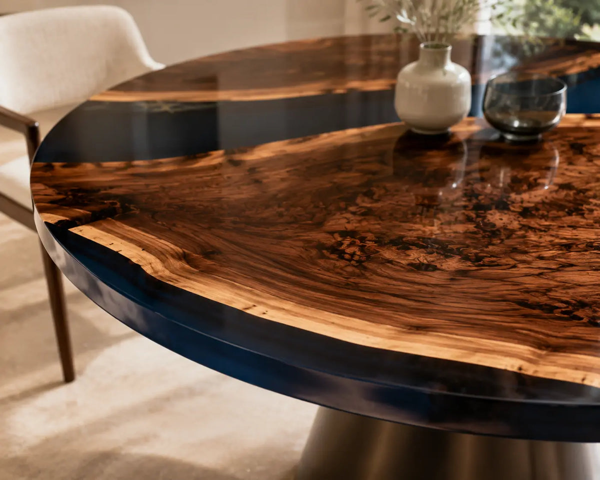 ERTC28 Sapphire Crescent Sapphire Blue Epoxy Walnut Round Table featuring handcrafted walnut wood and sapphire blue resin-2