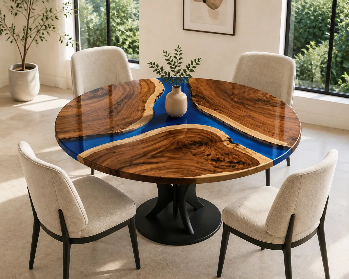 ERTC29 Blue Peninsula Sapphire Blue Epoxy Walnut Round Table featuring handcrafted walnut wood and sapphire blue resin-1