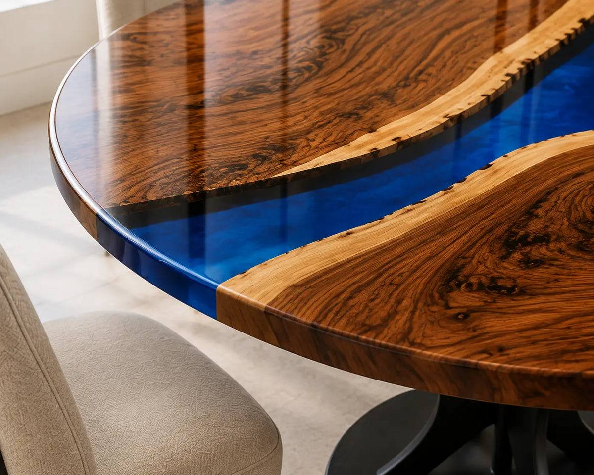 ERTC29 Blue Peninsula Sapphire Blue Epoxy Walnut Round Table featuring handcrafted walnut wood and sapphire blue resin-3