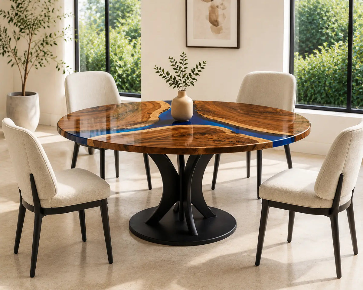 ERTC29 Blue Peninsula Sapphire Blue Epoxy Walnut Round Table featuring handcrafted walnut wood and sapphire blue resin-4