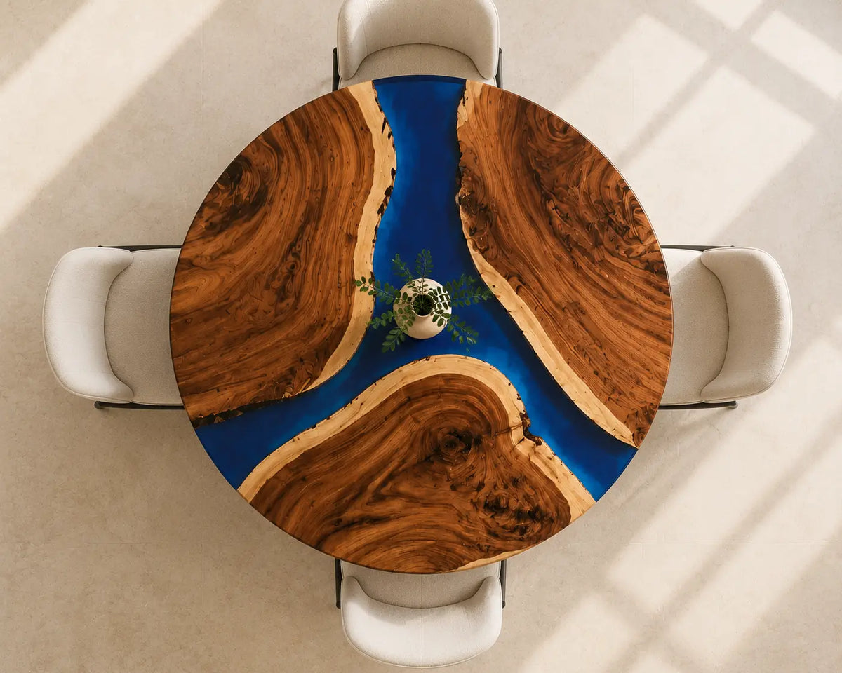 ERTC29 Blue Peninsula Sapphire Blue Epoxy Walnut Round Table featuring handcrafted walnut wood and sapphire blue resin-5