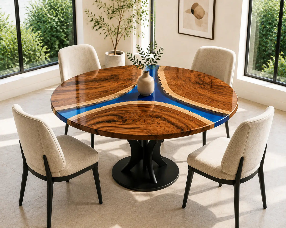 ERTC29 Blue Peninsula Sapphire Blue Epoxy Walnut Round Table featuring handcrafted walnut wood and sapphire blue resin-6