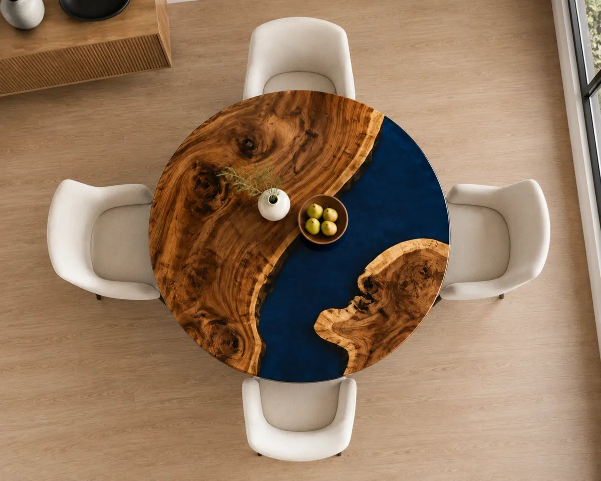 ERTC30 Royal Junction Sapphire Blue Epoxy Walnut Round Table featuring handcrafted walnut wood and sapphire blue resin-1