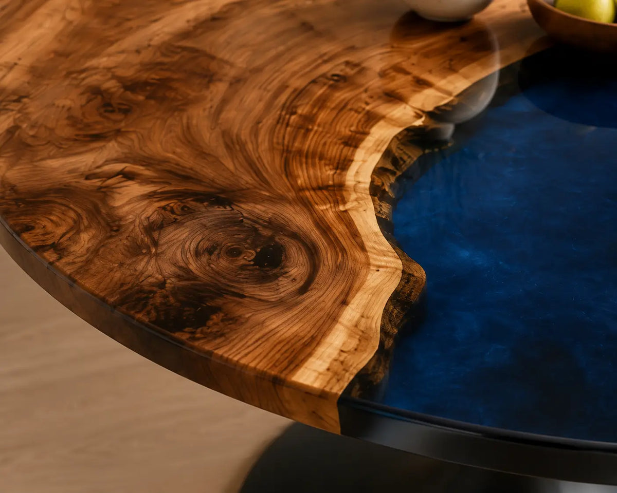 ERTC30 Royal Junction Sapphire Blue Epoxy Walnut Round Table featuring handcrafted walnut wood and sapphire blue resin-2