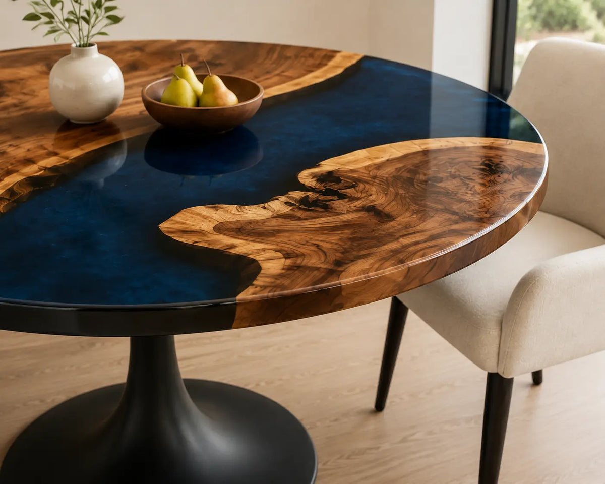 ERTC30 Royal Junction Sapphire Blue Epoxy Walnut Round Table featuring handcrafted walnut wood and sapphire blue resin-3