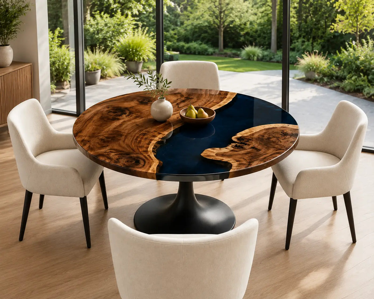 ERTC30 Royal Junction Sapphire Blue Epoxy Walnut Round Table featuring handcrafted walnut wood and sapphire blue resin-4
