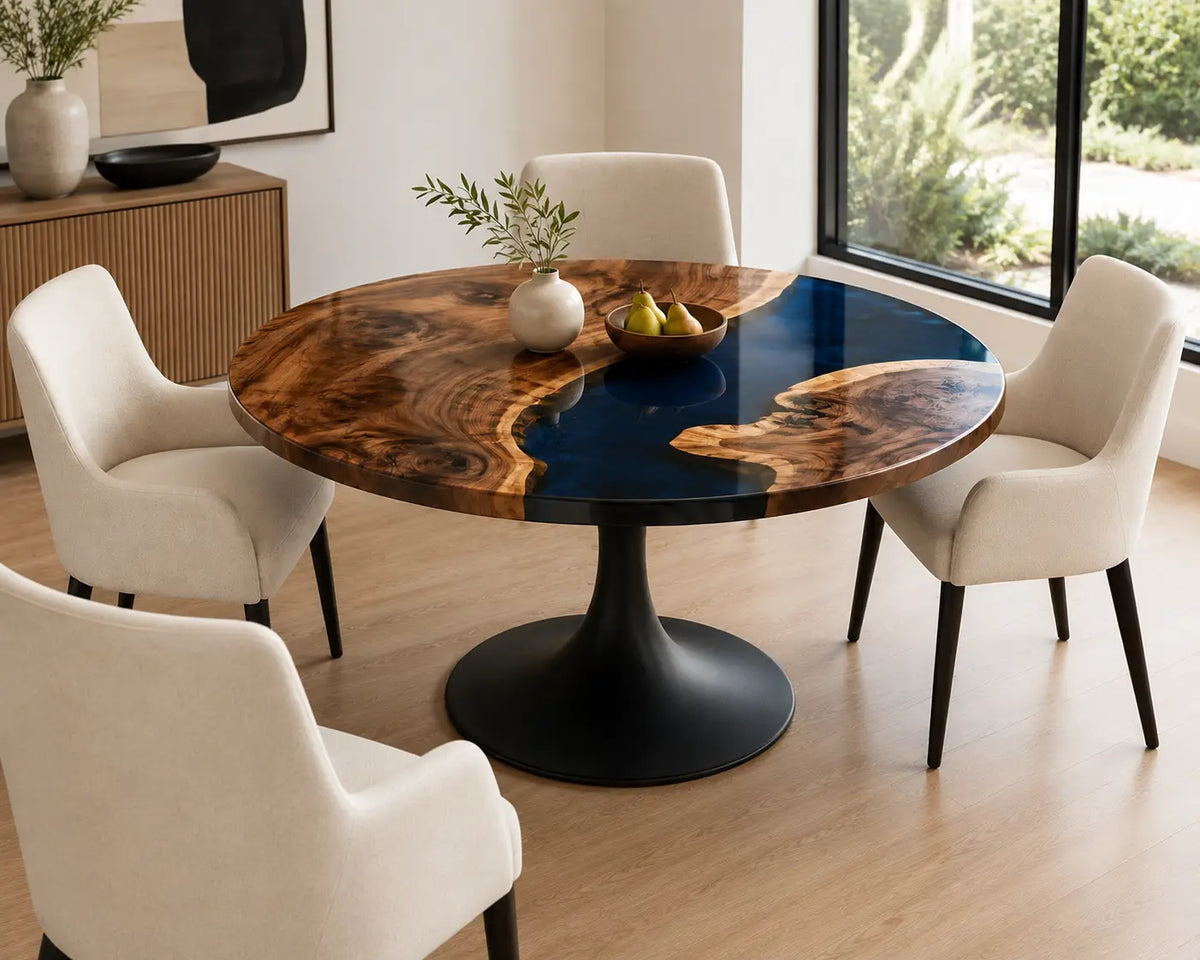 ERTC30 Royal Junction Sapphire Blue Epoxy Walnut Round Table featuring handcrafted walnut wood and sapphire blue resin-6