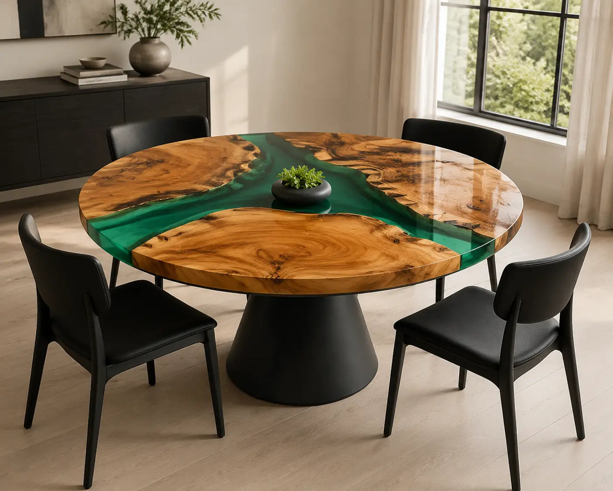 ERTC31 Forest Confluence Forest Green Epoxy Walnut Round Table featuring handcrafted walnut wood and forest green resin-1