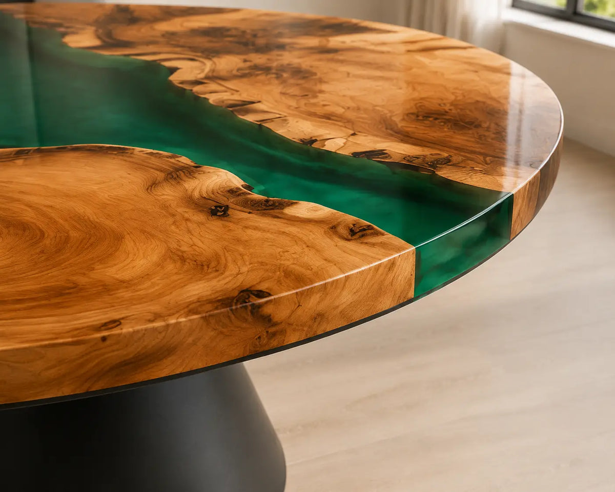 ERTC31 Forest Confluence Forest Green Epoxy Walnut Round Table featuring handcrafted walnut wood and forest green resin-2